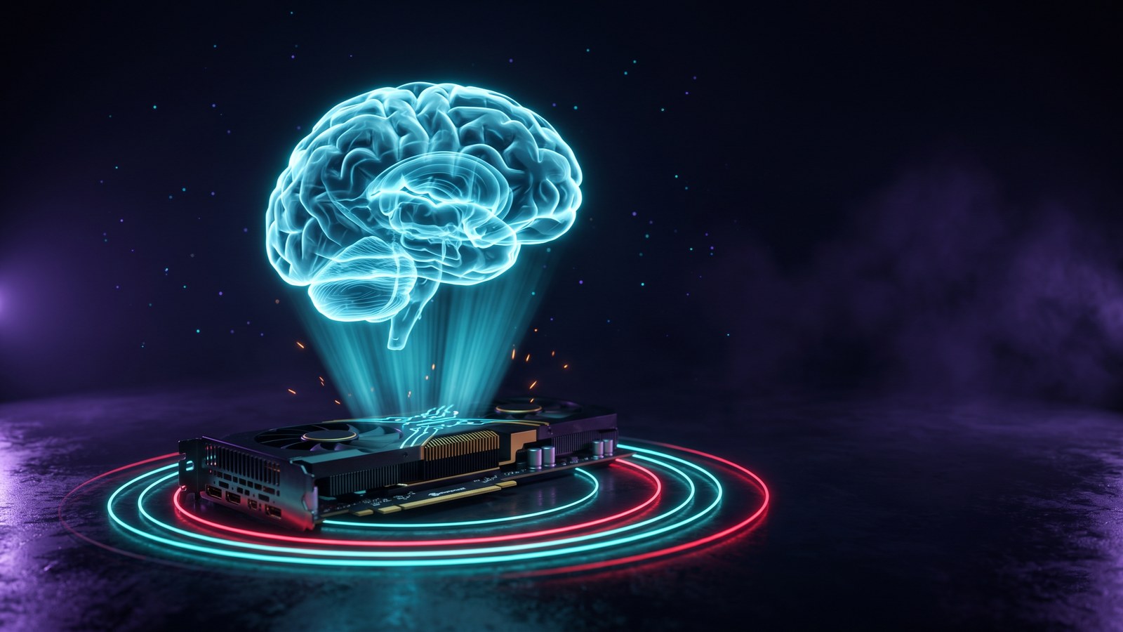 A glowing blue holographic brain projected from a GPU card, ringed by red and cyan neon circles